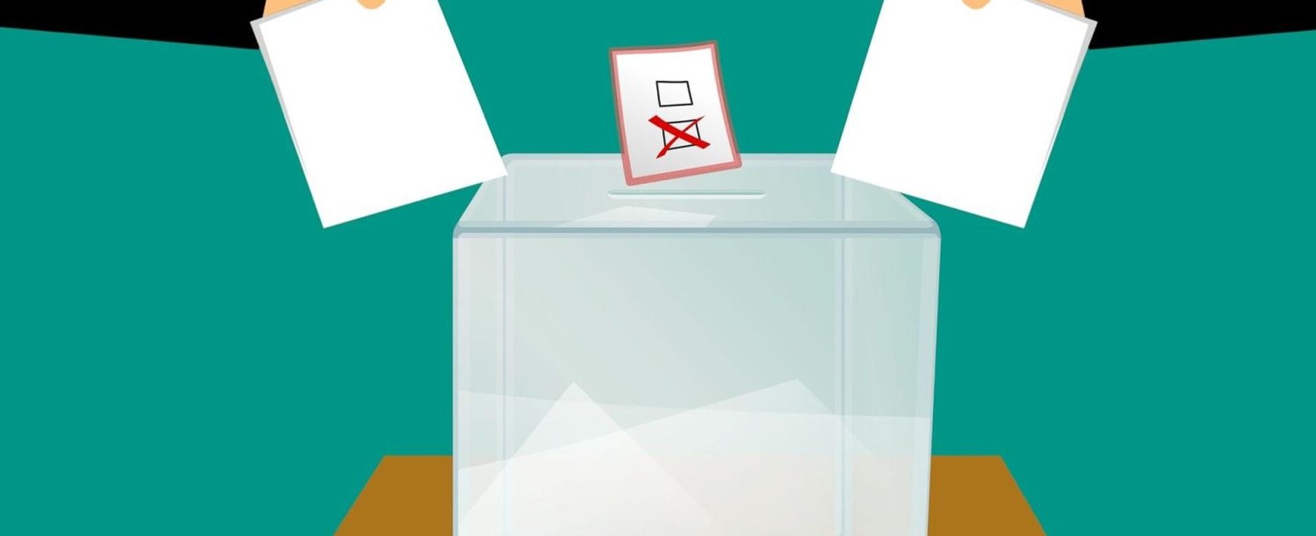 Grafik zwei Hände werfen Unterlagen in eine Wahlurne.