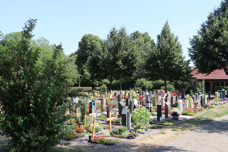 Hier ist der sonnendurchflutete Friedhof Rutesheim zu sehen.