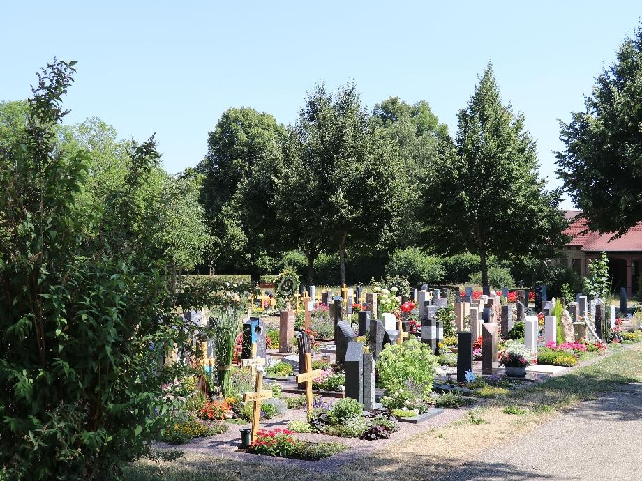 Hier ist der sonnendurchflutete Friedhof Rutesheim zu sehen.