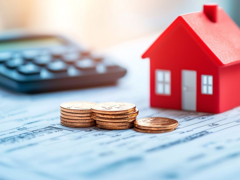 Grundsteuerreform Symbolbild Taschenrechner, rotes Plastikhaus, Stapel Münzgeld.