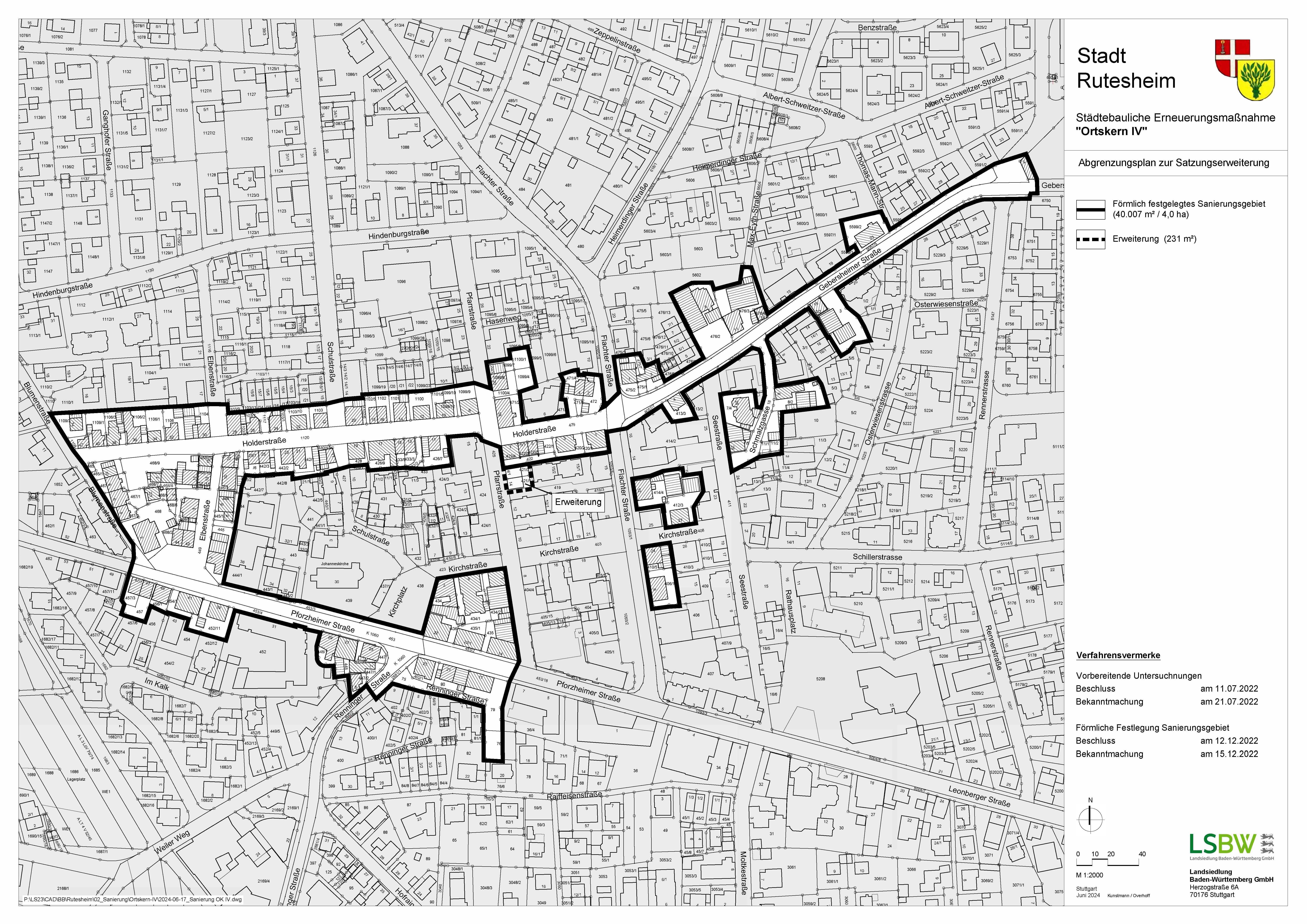 Auszugs eines Stadtplans von Rutesheim mit den eingezeichneten Abgrenzungen der Ortskernsanierung IV.